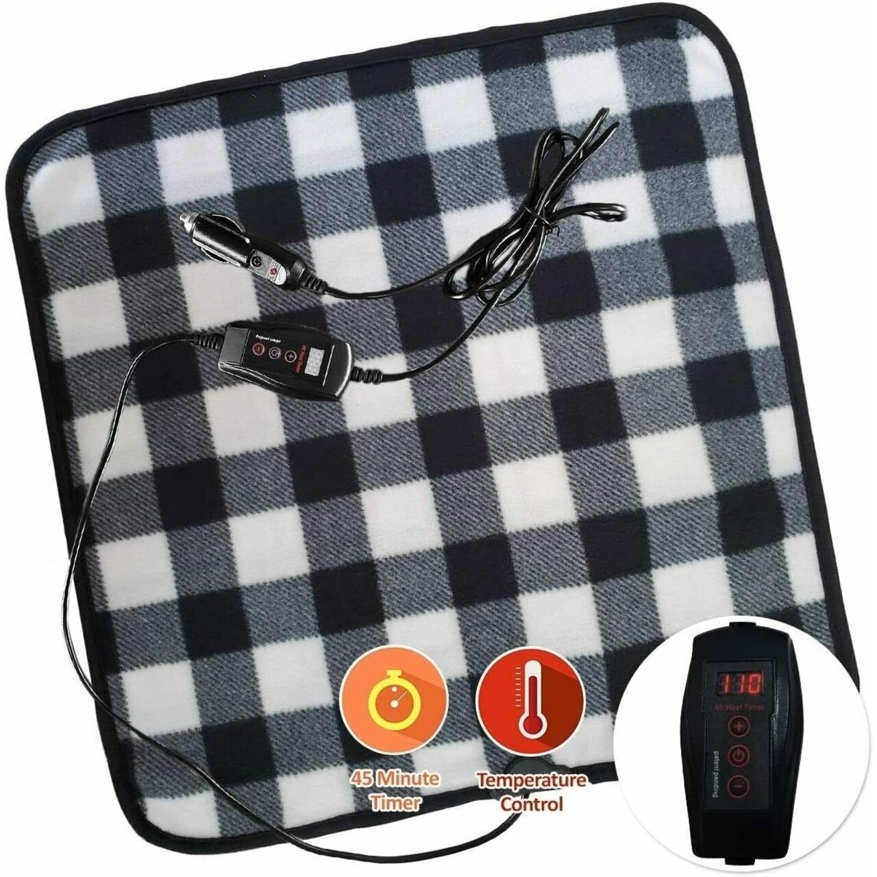 Zone Tech Car Electric Mini Heated Travel Blanket Pad Fleece Black Buffalo Plaid